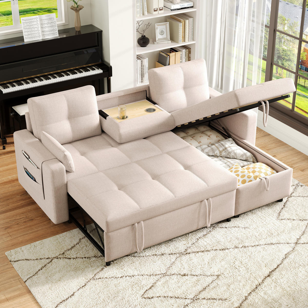 ECKSCHLAFSOFA Leinen Beige mit Stauraum, Getränkehalter und Schlaffunktion - Beige, Holzwerkstoff/Kunststoff (211/136cm) - WISHDOR