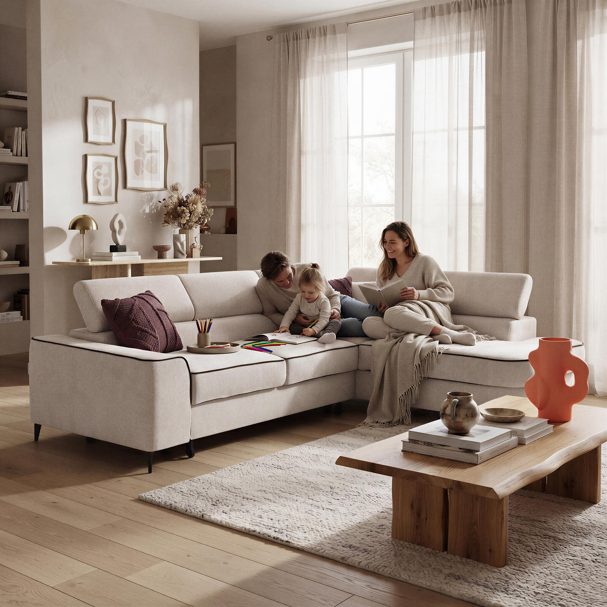 ECKSOFA EVER L Rechts mit Schlaffunktion 193x126 Chenille Beige - Beige/Schwarz, Holz/Textil (204/267cm) - Muffo