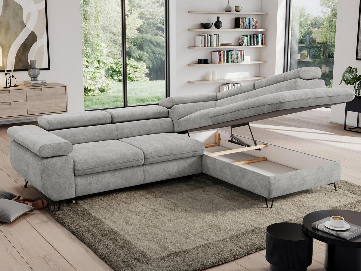 ECKSOFA PEDRO L Hellgrau Struktur - Rechts Seite - Hellgrau/Schwarz, Textil/Metall (273/208cm) - MKS