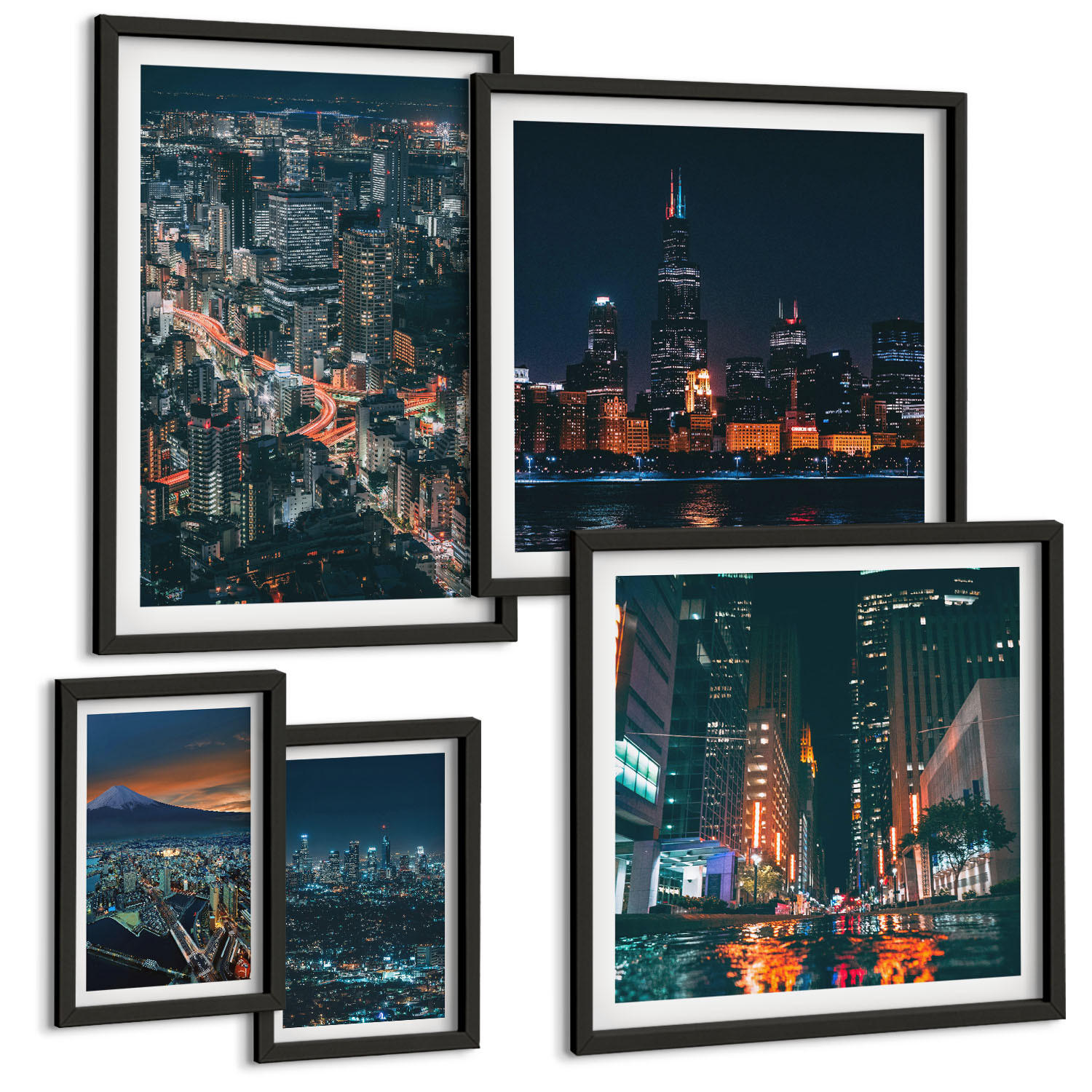 BILDER SET 5er Set - 50x50 cm & 20x30 cm & 40x60 cm Schwarzer Rahmen - Bergpanorama der Stadt bei Nacht - Schwarz, Kunststoff (40/60cm) - TULUP