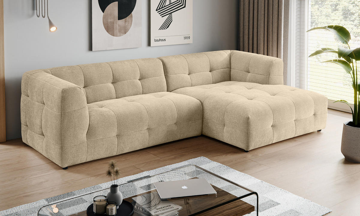 SOFA beige Webstoff 292 x 161 cm, Ecksofa 5-Sitzer, L-Sofa Ottomane rechts - Beige, Holz/Textil (292/161cm) - Inn.Furn