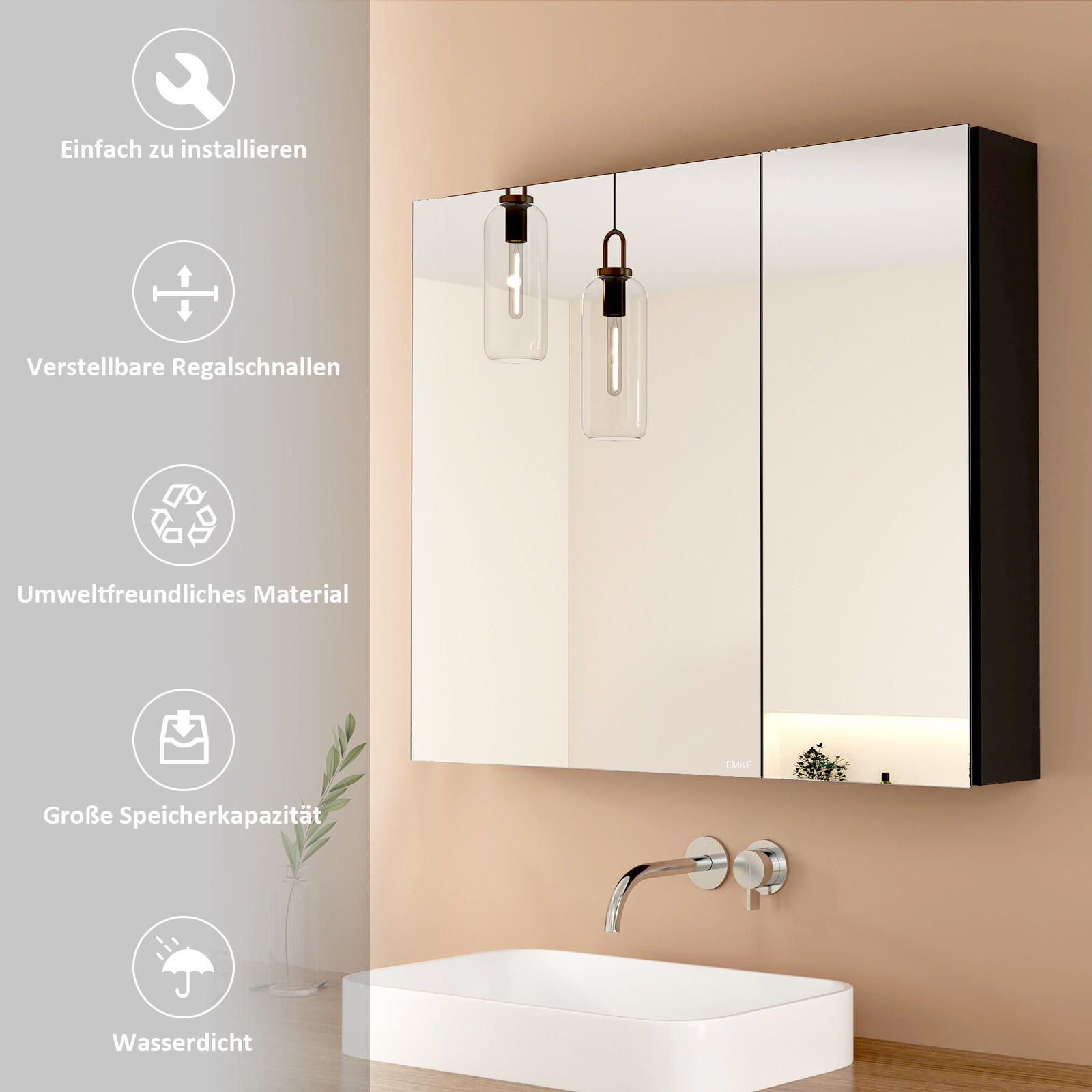 SPIEGELSCHRANK Schwarz 75/65/14,5 - Schwarz, Metall (65/65/75cm) - EMKE