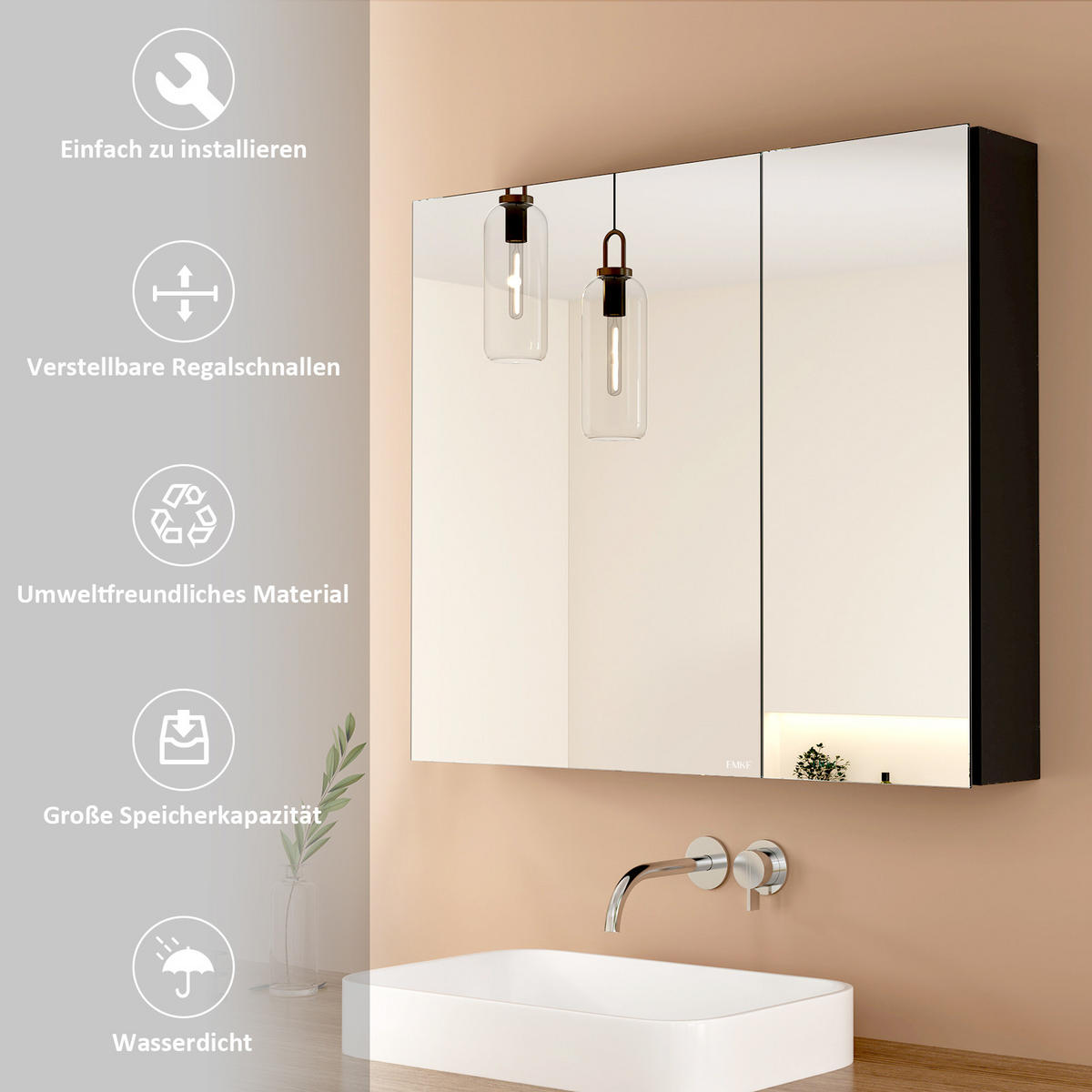 SPIEGELSCHRANK Schwarz 75/65/14,5 - Schwarz, Metall (65/65/75cm) - EMKE