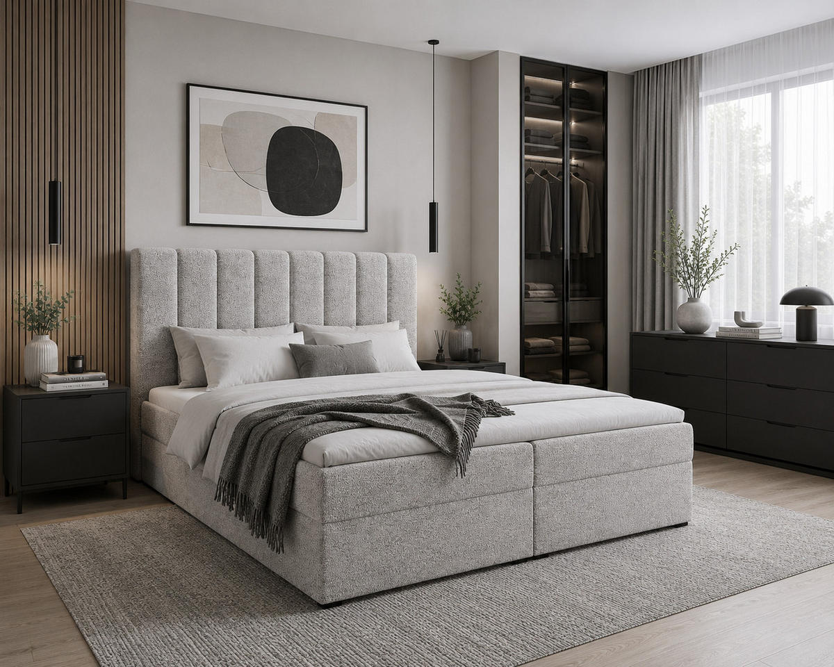 BOXBETT 01 140 x 200 cm - Arena – Stilvoll und bequem Mit Bettkasten, PU-Topper, Federmechanismus, waschbarer Bezug - Grau, Holz (140/200cm) - ROYAL24_MARKT