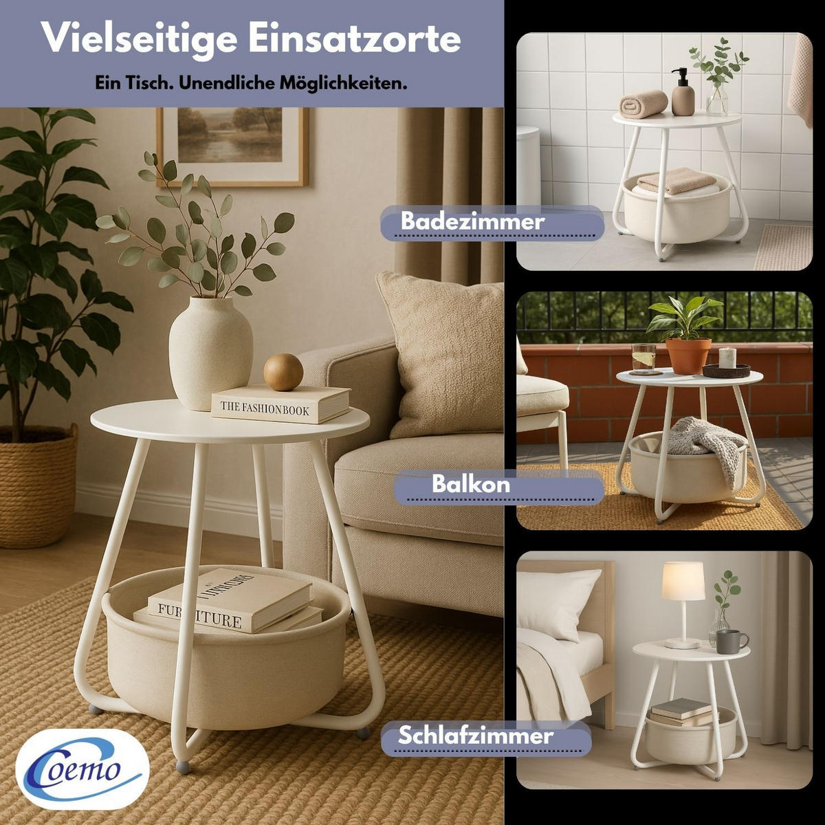 COUCHTISCH KOSI Metall mit Aufbewahrungskorb Canvas Weiß - Weiß, Metall (50/50/45cm) - Coemo