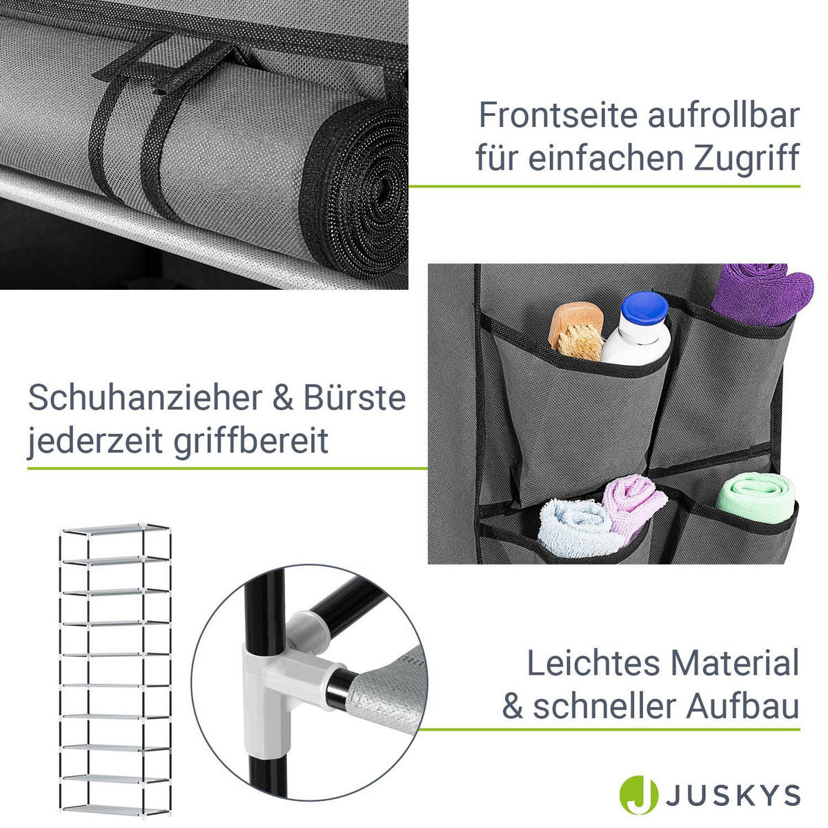 SCHUHREGAL mit Seitentaschen 160 x 88 cm grau - Grau, Textil (88/160/28cm) - Juskys