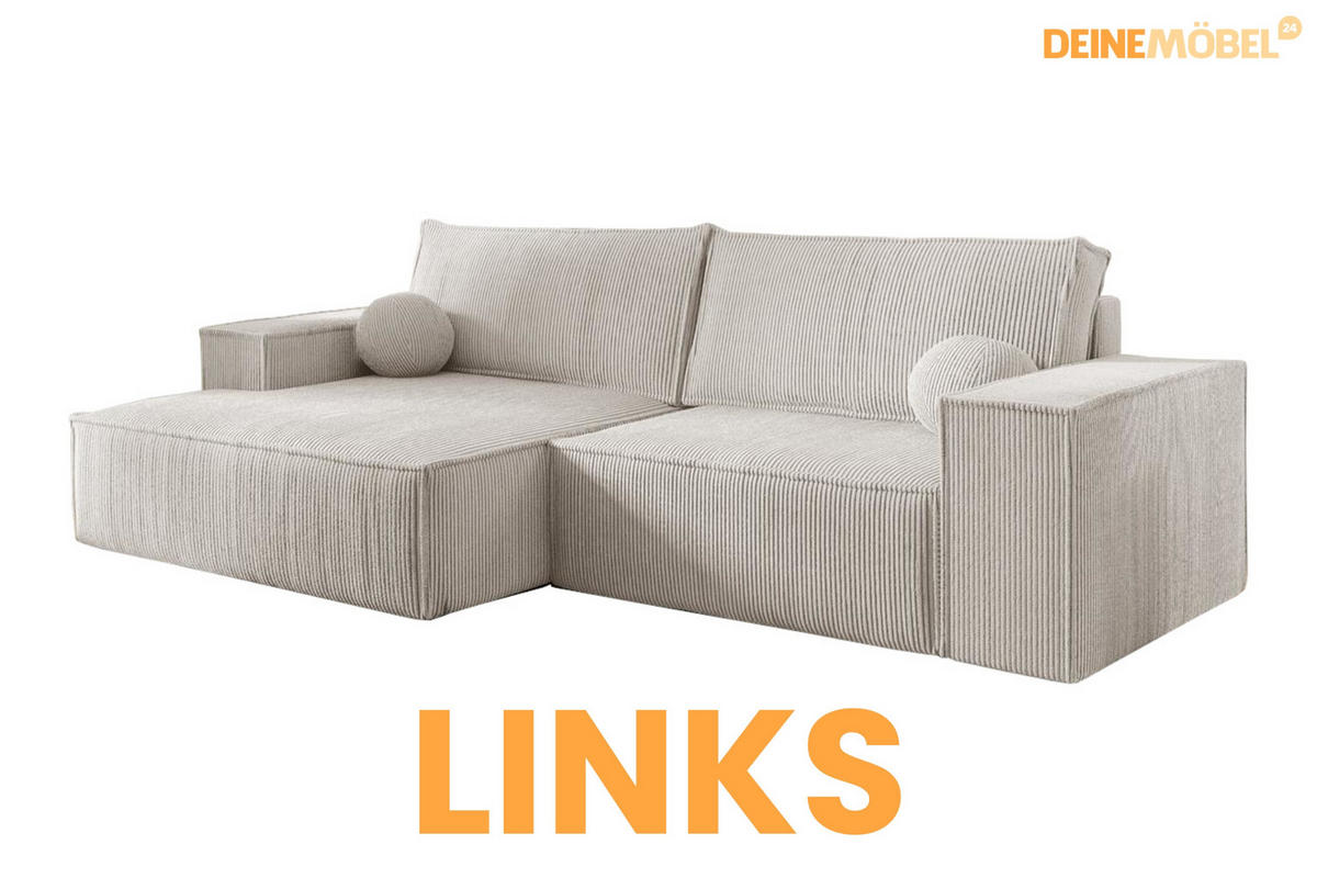 ECKSOFA NEPTUN 255/148 in Cord Creme links - Creme, Holz/Holzwerkstoff (255/148cm) - Deine Möbel 24