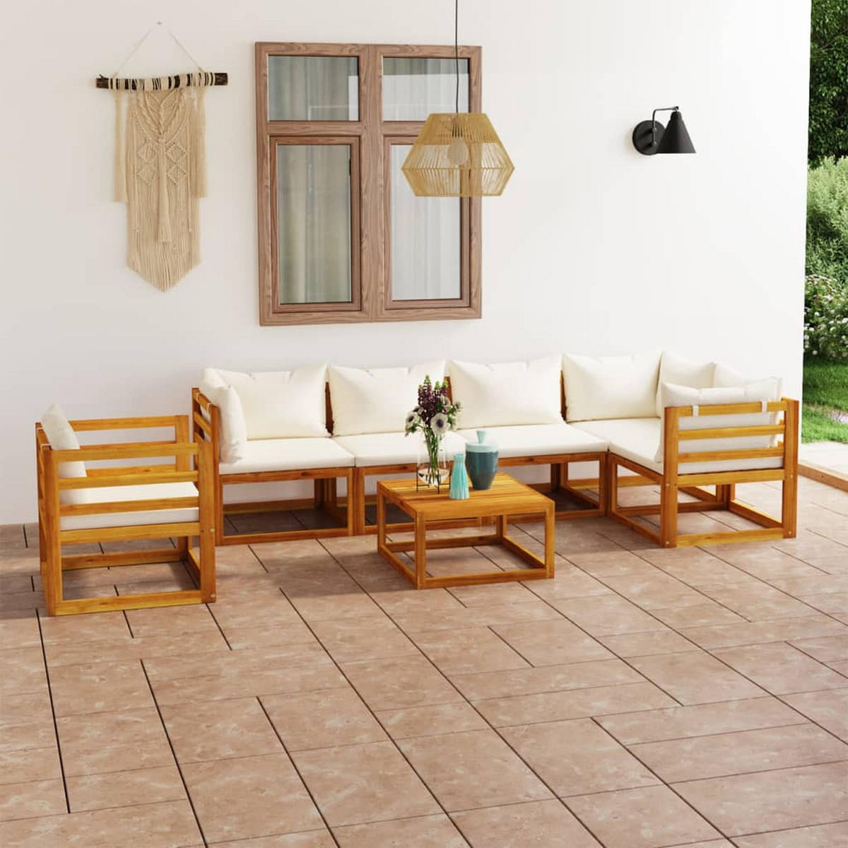 LOUNGEGARNITUR mit Auflagen, aus Massivholz Akazie, Crème, 7-teiliges Set - Creme, Holz - vidaXL