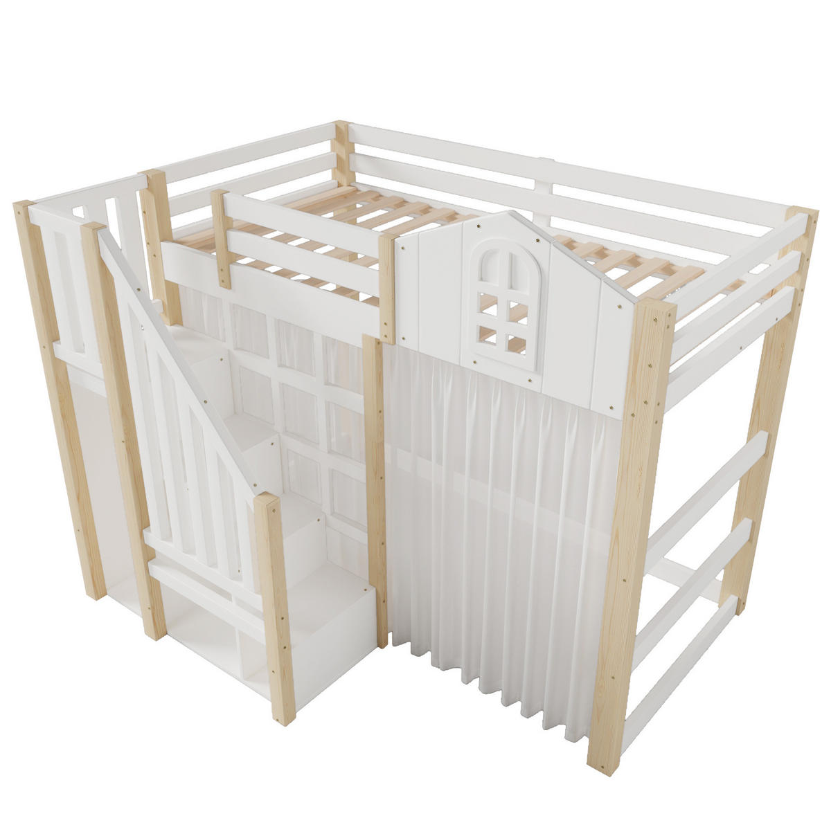 HOCHBETT 90/200 cm mit LED-Beleuchtung, Ablageleiter, offenem Staufach und Gaze aus Kiefernholz, Weiß/Natur - Weiß, Holz (90/200cm) - Redom