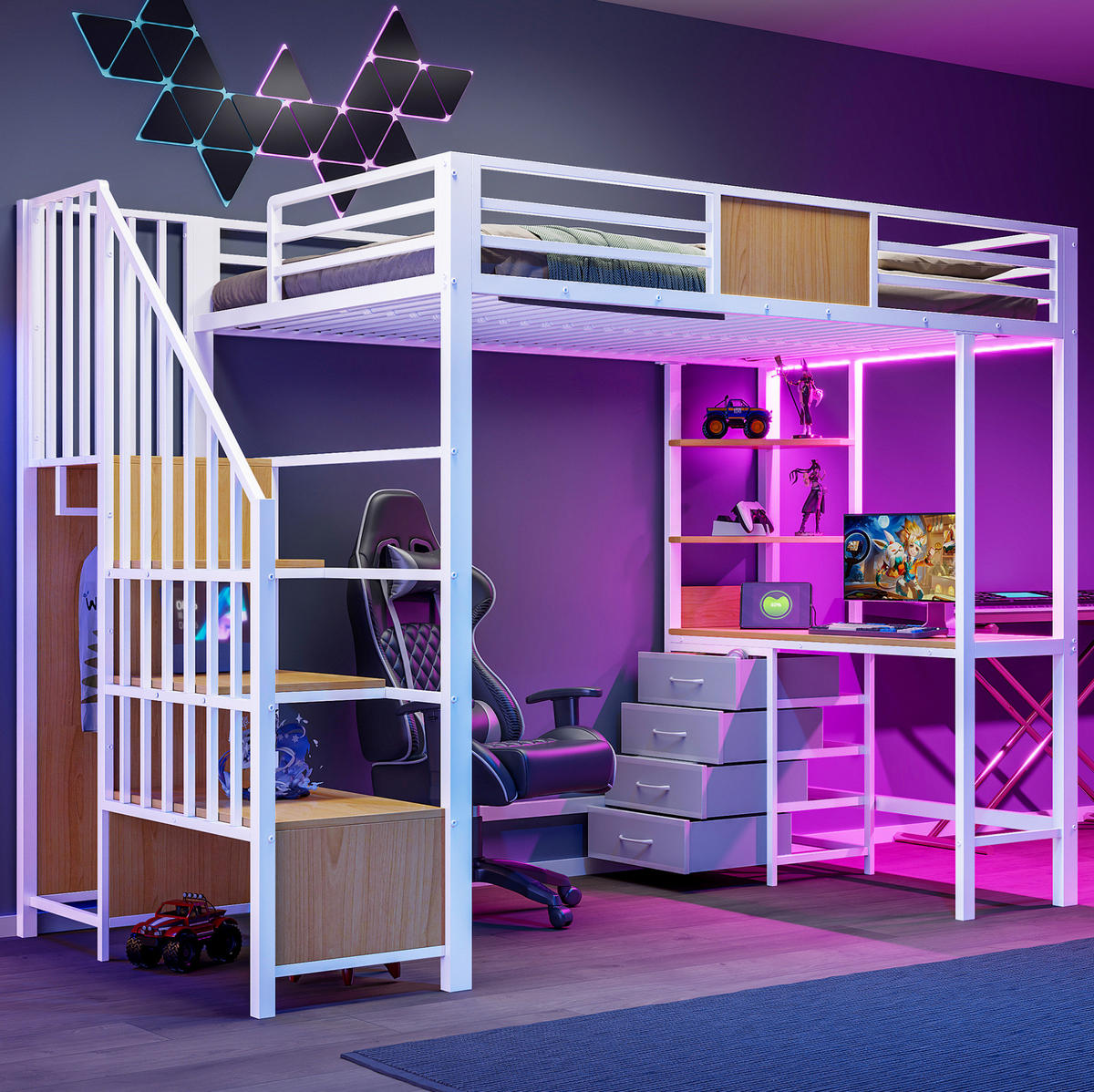 HOCHBETT 90/200 cm mit Schreibtisch, LED und Metallgestell - Weiß, Metall (90/200cm) - MIVRAY