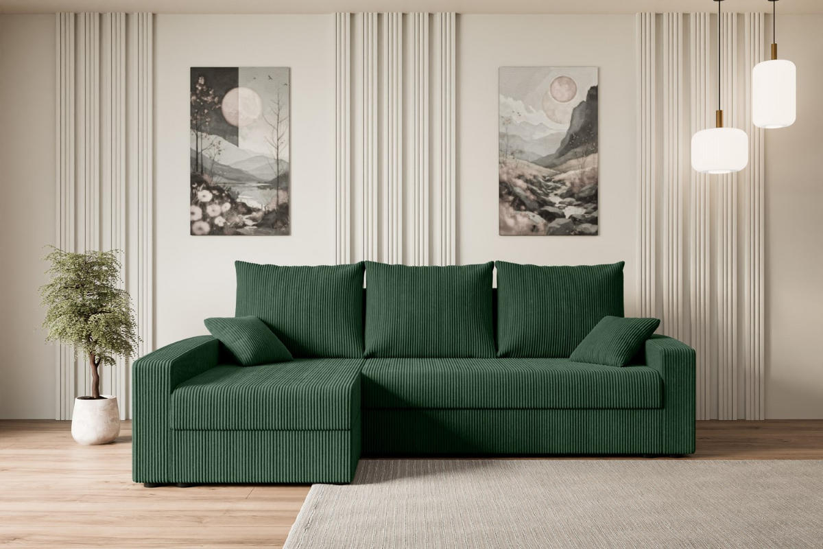 ECKSOFA mit Schlaffunktion und Bettkasten ALESIA-L 231x140x90 cm Grün Cord - Silberfarben/Grün, Holzwerkstoff/Kunststoff (231/140cm) - ALTDECOR