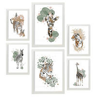 POSTER Set Mit 6 Wilde Tiere Weißer Hintergrund Mit Tiermotiven Im Pastell Muster Stil Innenarchitektur A3 & A4 Weißer Rahmen - Weiß, Papier (29/3cm) - Nacnic