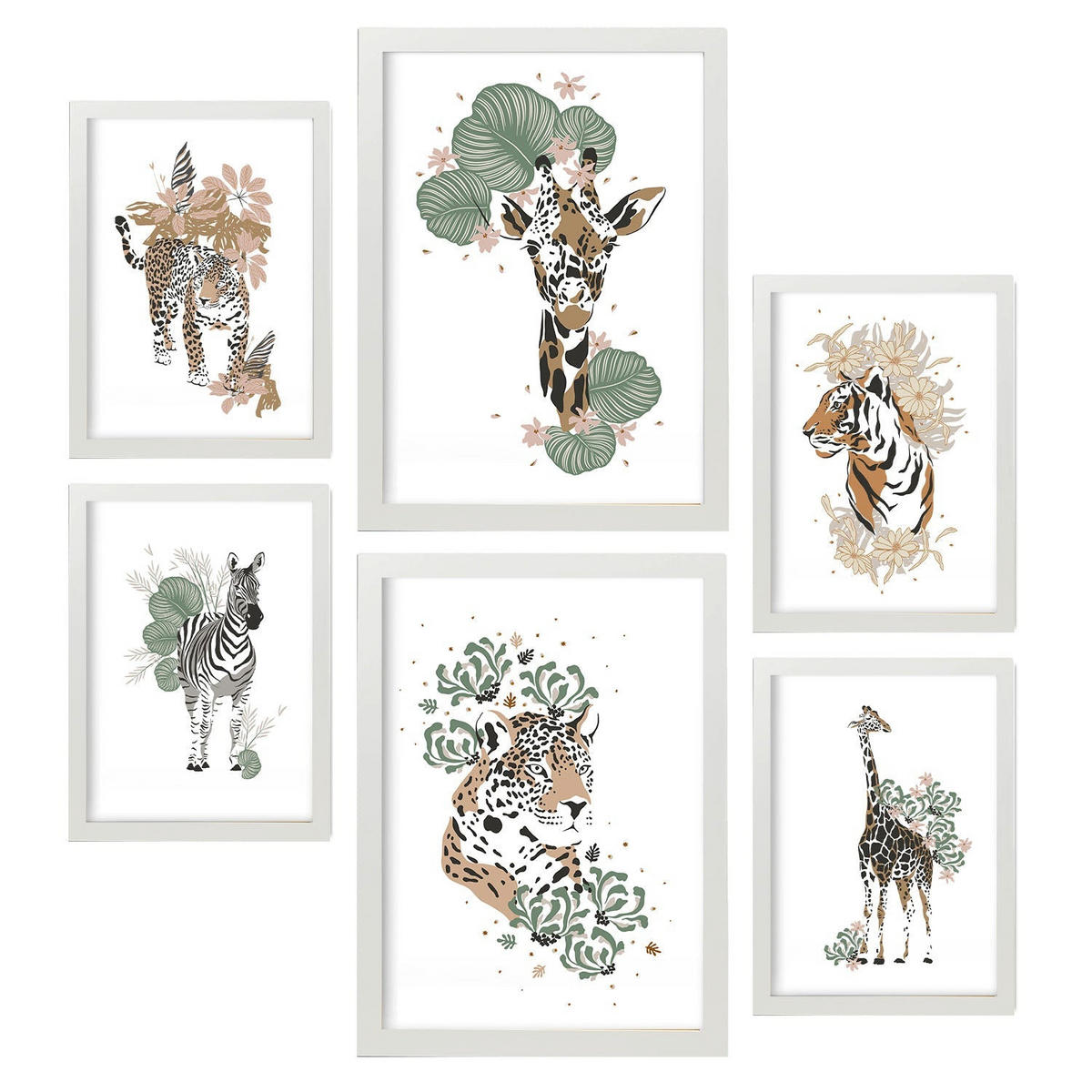POSTER Set Mit 6 Wilde Tiere Weißer Hintergrund Mit Tiermotiven Im Pastell Muster Stil Innenarchitektur A3 & A4 Weißer Rahmen - Weiß, Papier (29/3cm) - Nacnic