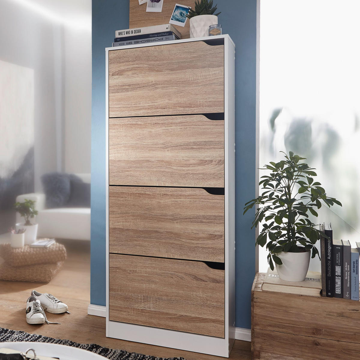 SCHUHSCHRANK – Weiß/Sonoma Eiche, 4 Fächer, für ca. 24 Paar Schuhe - Weiß, Holz (60/150/24cm) - KADIMA DESIGN