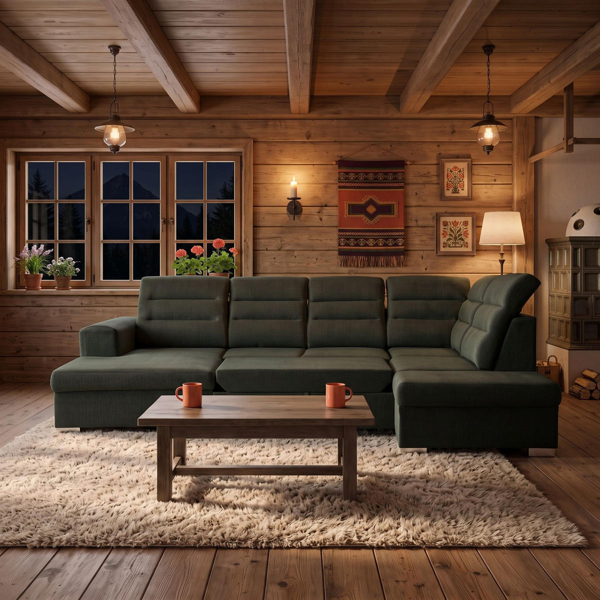 ECKSOFA U-Form CLOUD U Rechts mit Schlaffunktion 120x252 Velours Dunkelgrün - Dunkelgrün/Silberfarben, Holz/Kunststoff (202/103/320cm) - Muffo