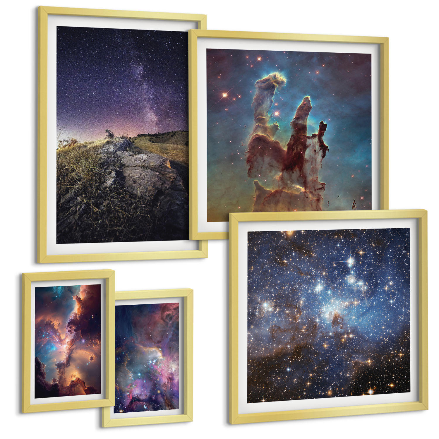 BILDER SET 5er Set - 50x50 cm & 20x30 cm & 40x60 cm Goldrahmen - Wasserfall in der Schlucht - Goldfarben, Kunststoff (40/60cm) - TULUP