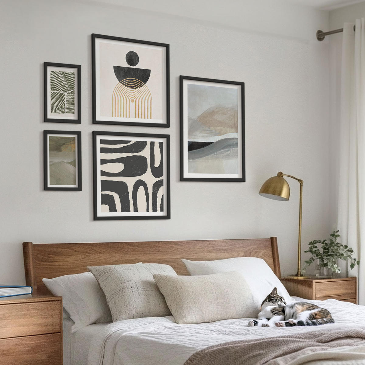 BILDER SET 5er Set - 50x50 cm & 20x30 cm & 40x60 cm Schwarzer Rahmen - Gemalte abstrakte Dekorationen - Schwarz, Kunststoff (40/60cm) - TULUP