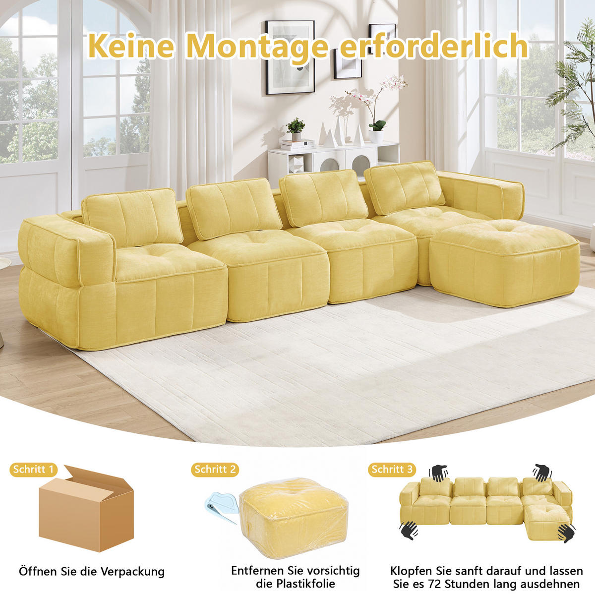 ECKSOFA 344/162/67 cm Gelb mit 1 Fußhocker - Gelb, Textil (344/162cm) - Oxeza