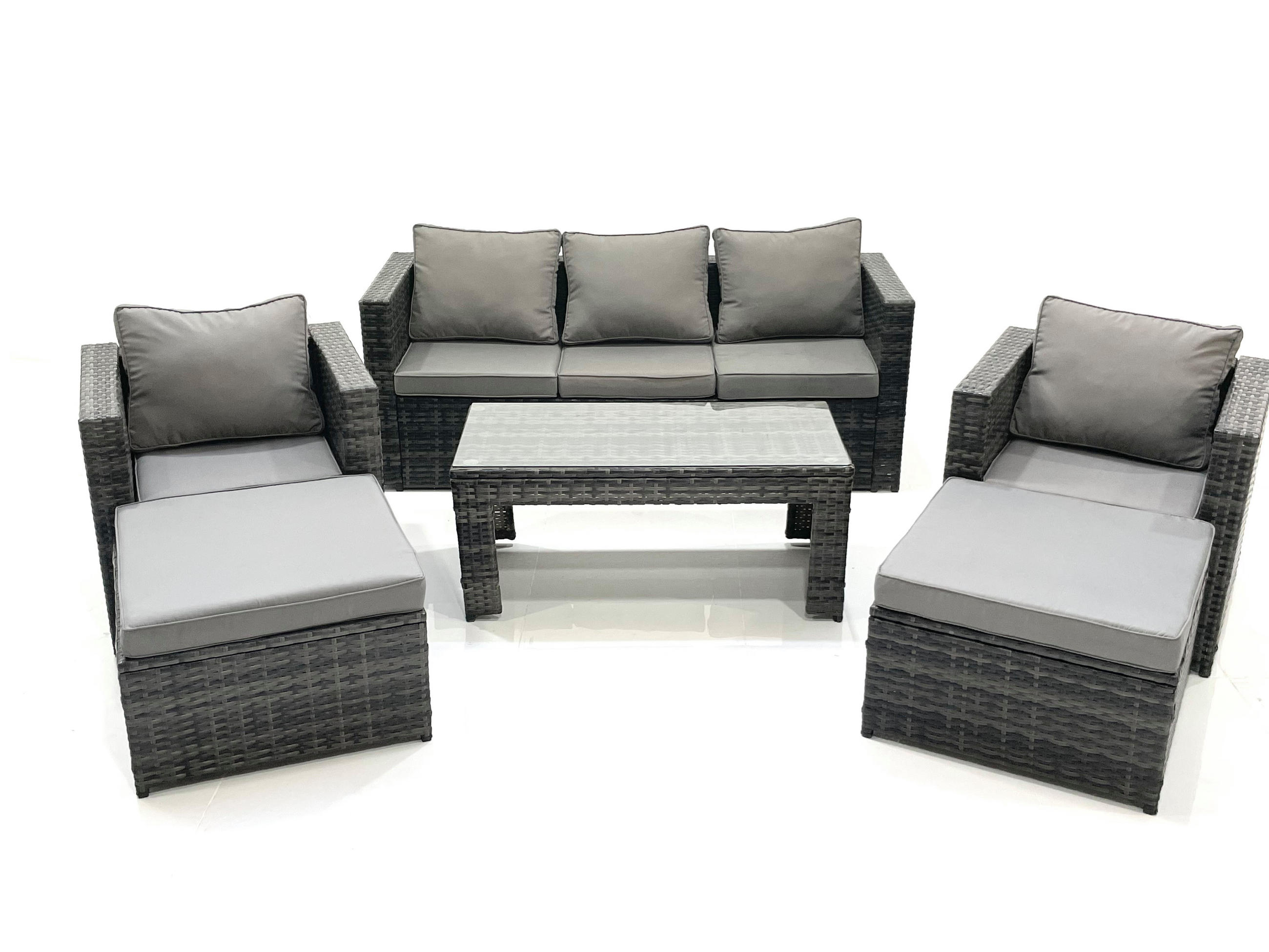 GARTENMÖBEL-SET COUCHTISCH SESSEL SOFA mit HOCKER Polyrattan Dunkelgrau Gemischt 7-Sitzer - Dunkelgrau/Grau, Glas/Kunststoff - Fimous