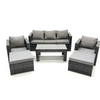 GARTENMÖBEL-SET COUCHTISCH SESSEL SOFA mit HOCKER Polyrattan Dunkelgrau Gemischt 7-Sitzer - Dunkelgrau/Grau, Glas/Kunststoff - Fimous