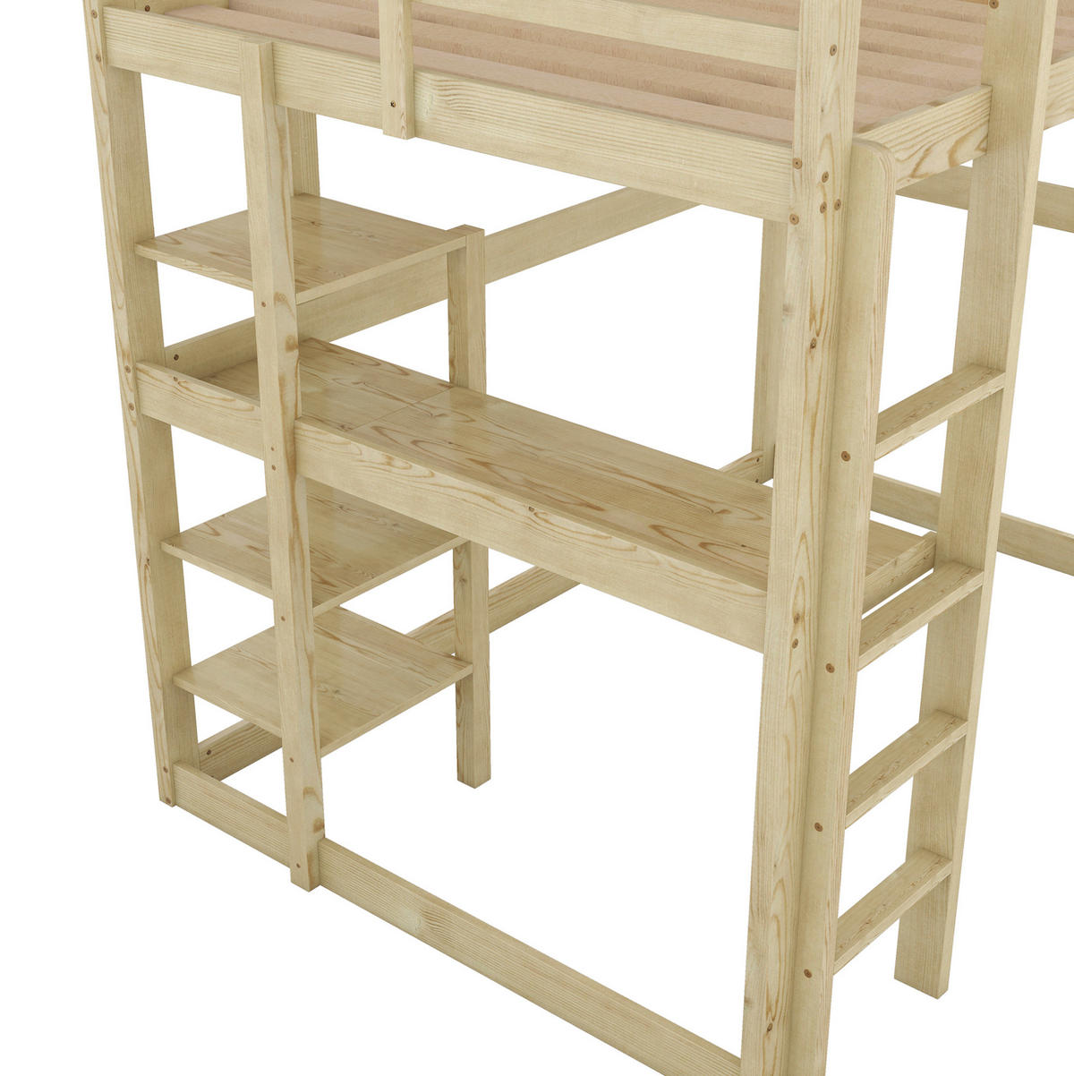 HOCHBETT 140/200 cm mit Schreibtisch, 4 Ablagefächern und Stauraum aus Kiefer , Natur - Naturfarben, Holzwerkstoff (140/200cm) - Redom