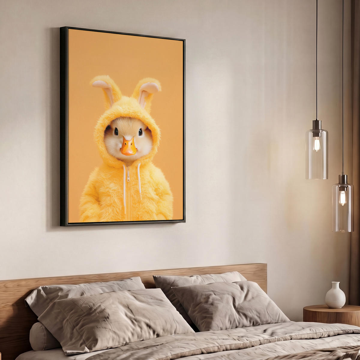 LEINWAND Bilder mit Rahmen - Osterhase - Kostüm - Ente - 70x100 - Gelb, Textil (70/100cm) - MuchoWow