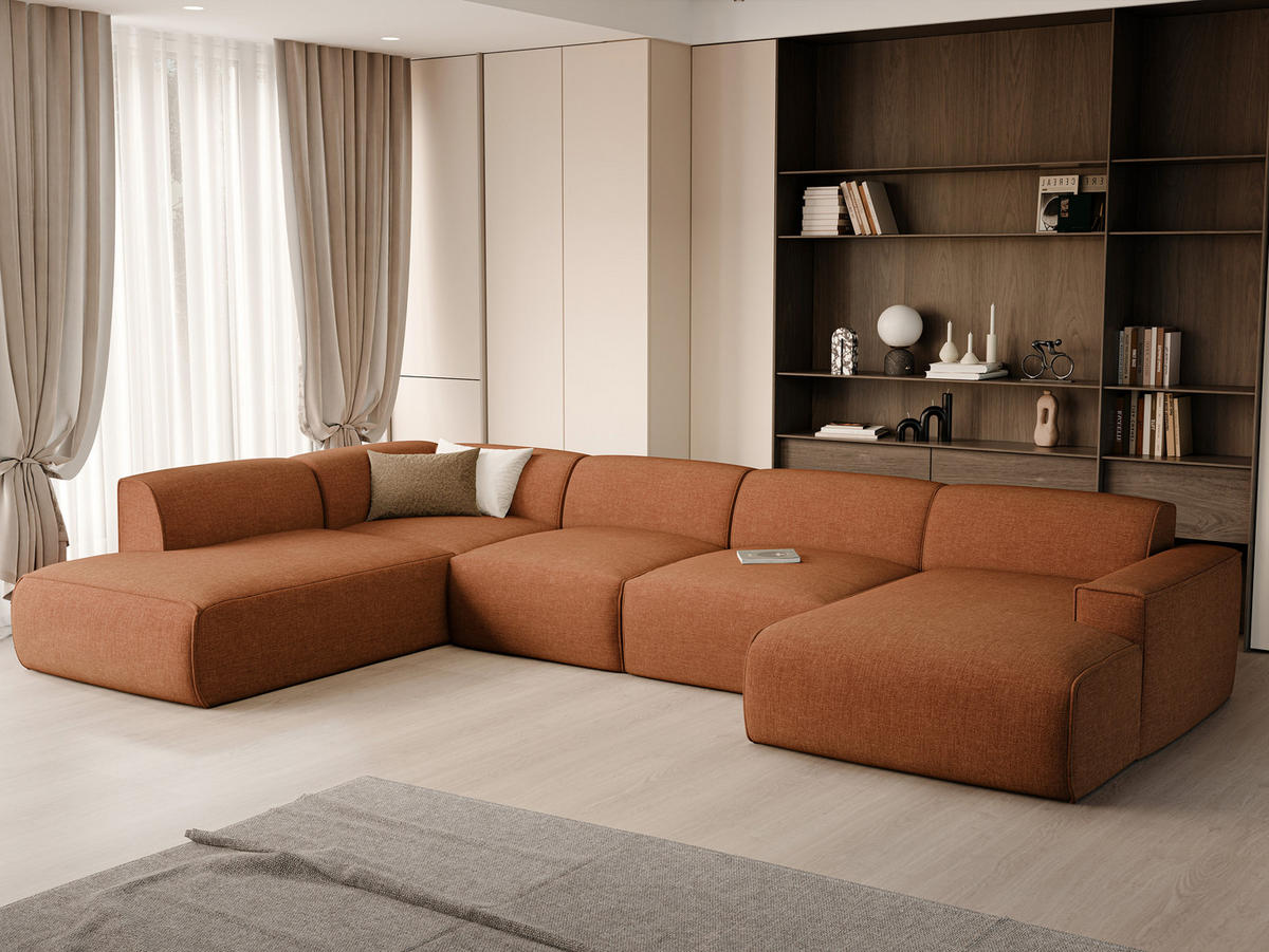 WOHNLANDSCHAFT DOVE Chenille-Stoff in Orange - Orange, Holzwerkstoff/Kunststoff (300/85/200cm) - Idohome