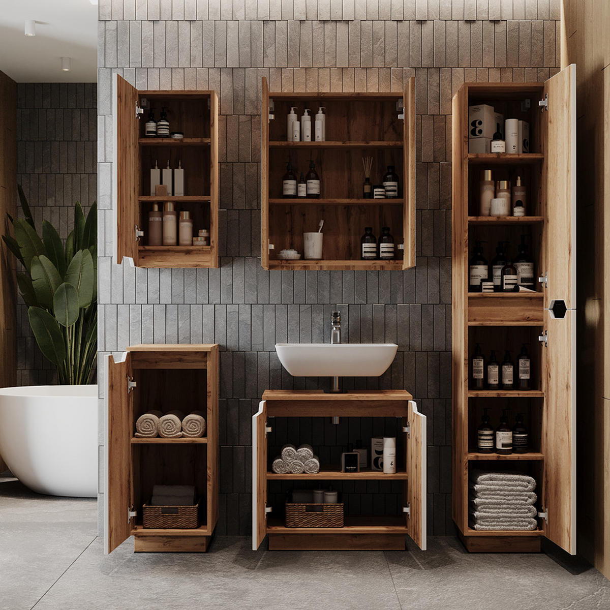 BADMÖBEL-SET Lotta Eiche/weiß gestreift 5 Teile - Eichefarben/Weiß, Holzwerkstoff (59.8/62.1/32cm) - Vicco