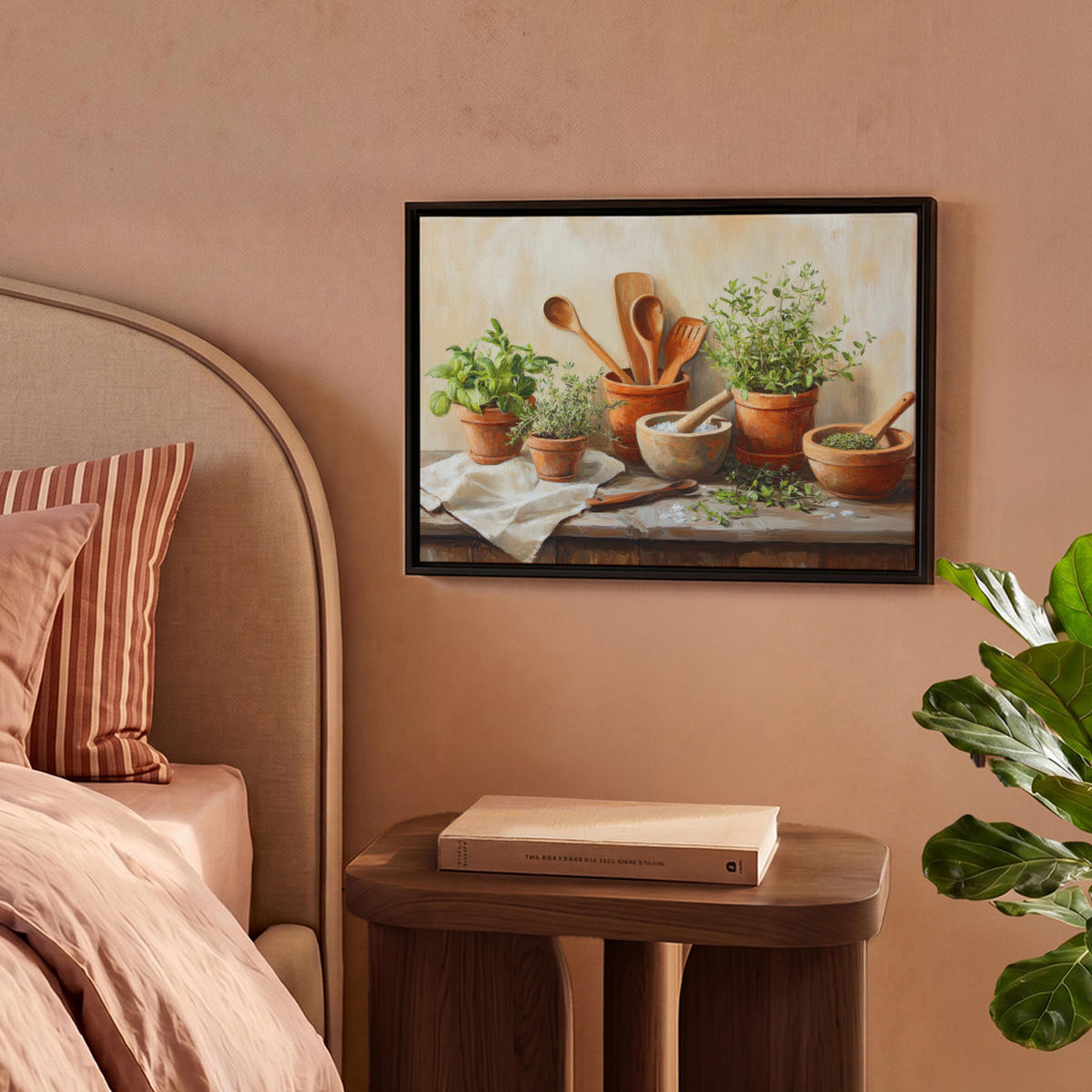 LEINWAND Bilder mit Rahmen - Töpfe - Kräuter - Holz - 40x30 - Terracotta, Textil (40/30cm) - MuchoWow