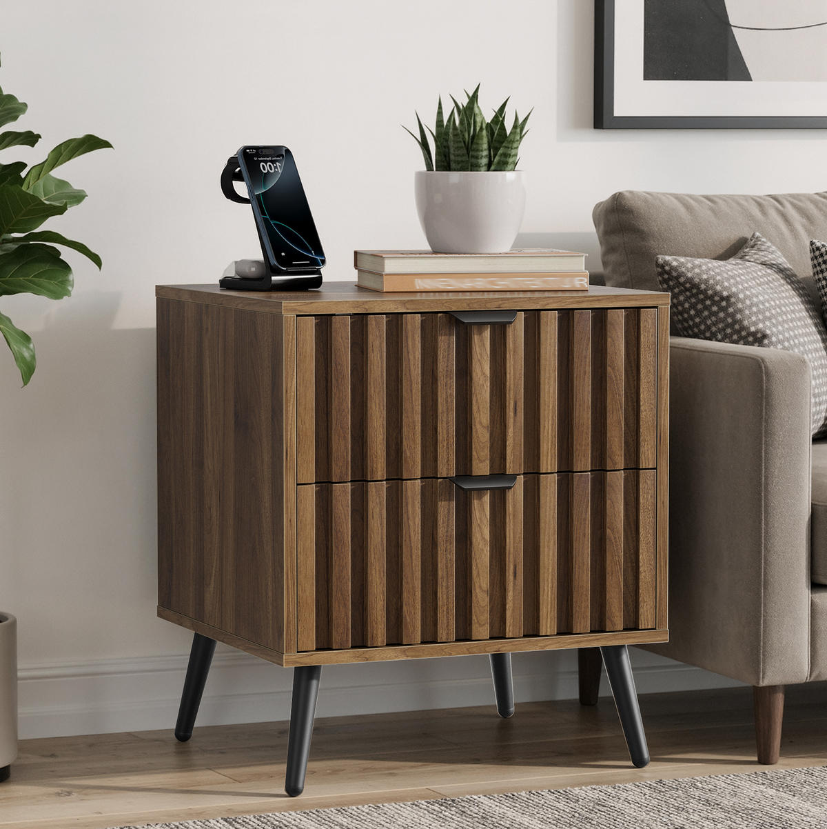 NACHTTISCH 45/40/53 cm walnussfarben aus MDF mit 2 Schubladen - Braun, Holzwerkstoff (40/53/45cm) - OKWISH
