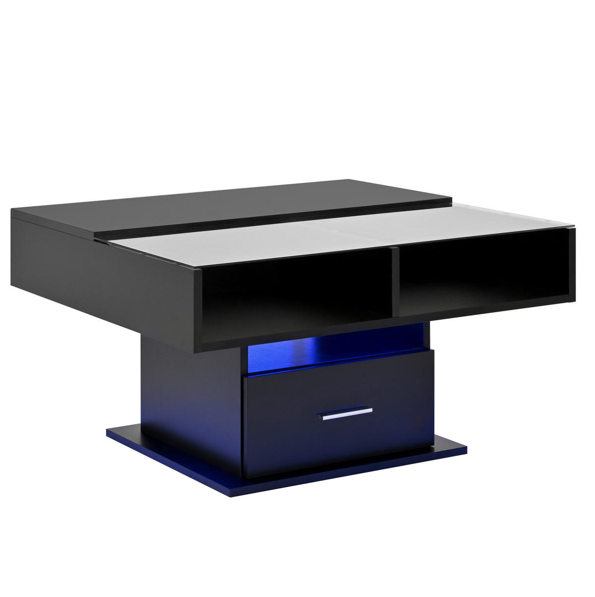 COUCHTISCH 78/78 cm höhenverstellbar mit LED-Beleuchtung und Stauraum - Schwarz, Holzwerkstoff (78/78/59.5cm) - BEAOK