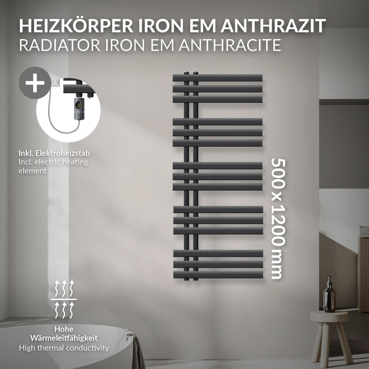 BADHEIZKÖRPER elektrisch Iron EM 500x1200 mm Anthrazit mit Heizstab 1200W Digital - Anthrazit, Metall (50/120/3cm) - LuxeBath