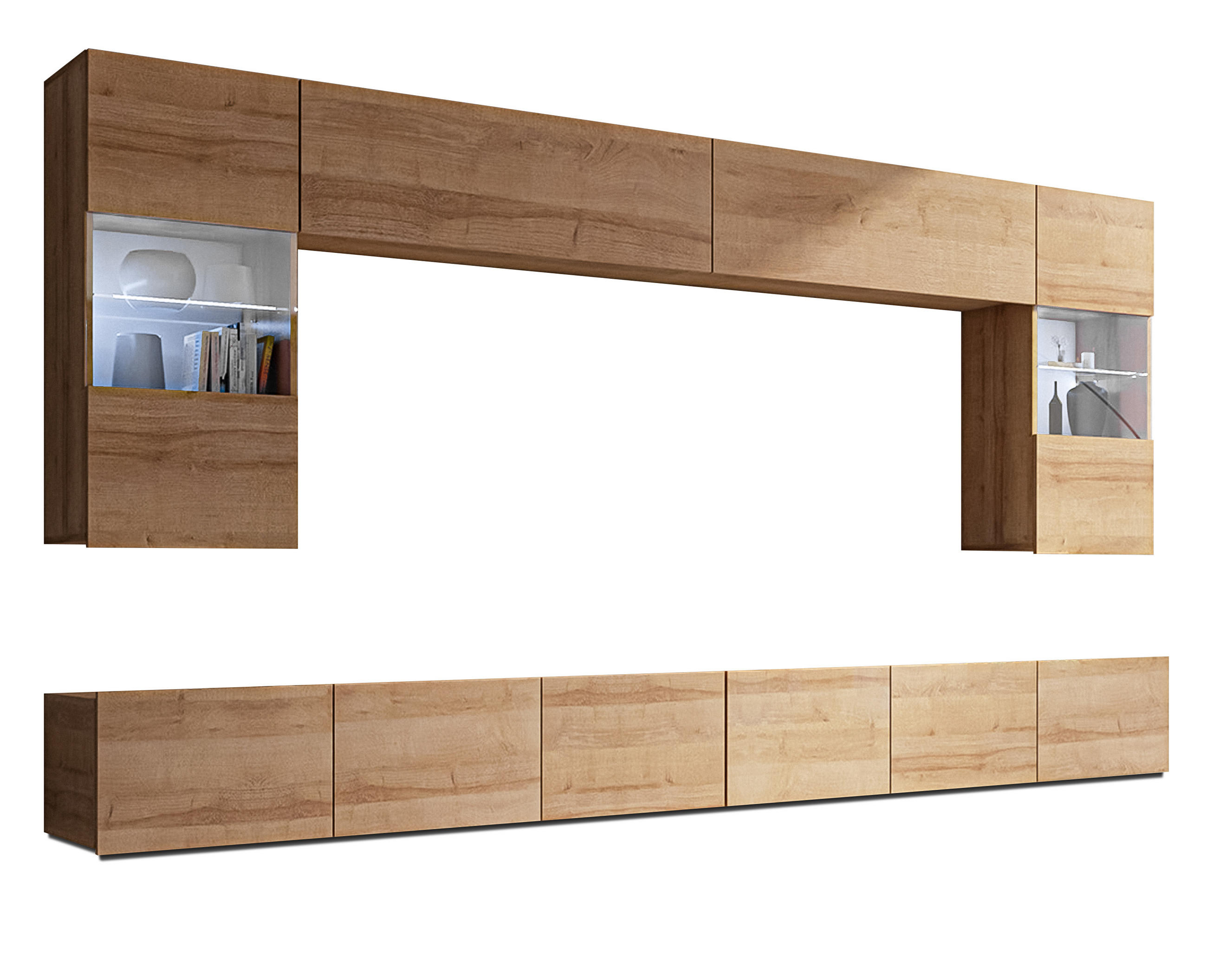 WOHNWAND Kossana 1 Modern Goldene Eiche 300/154/43 cm Stilvoll - Hellbraun, Holzwerkstoff/Kunststoff (300/154/43cm) - AX Living