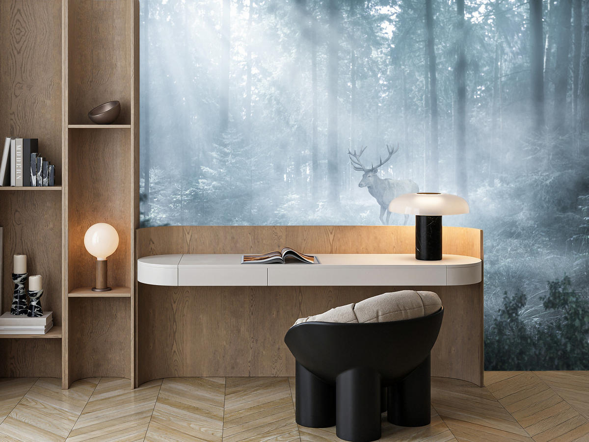 FOTOTAPETE für Wohnzimmer Hirsch Nebelwald Bäume Pflanzen 250x175 - Weiß/Grau, Papier (250/175cm) - Muralo