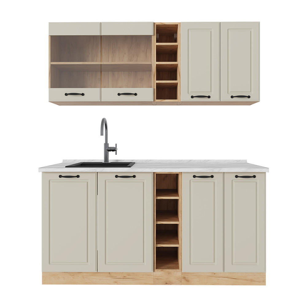 SINGLEKÜCHE R-Line, Sand Landhaus/Goldkraft Eiche, 160 cm Arbeitsplatte Marmor - Honigeiche/Beige, Holzwerkstoff (160/81.6/60cm) - Vicco