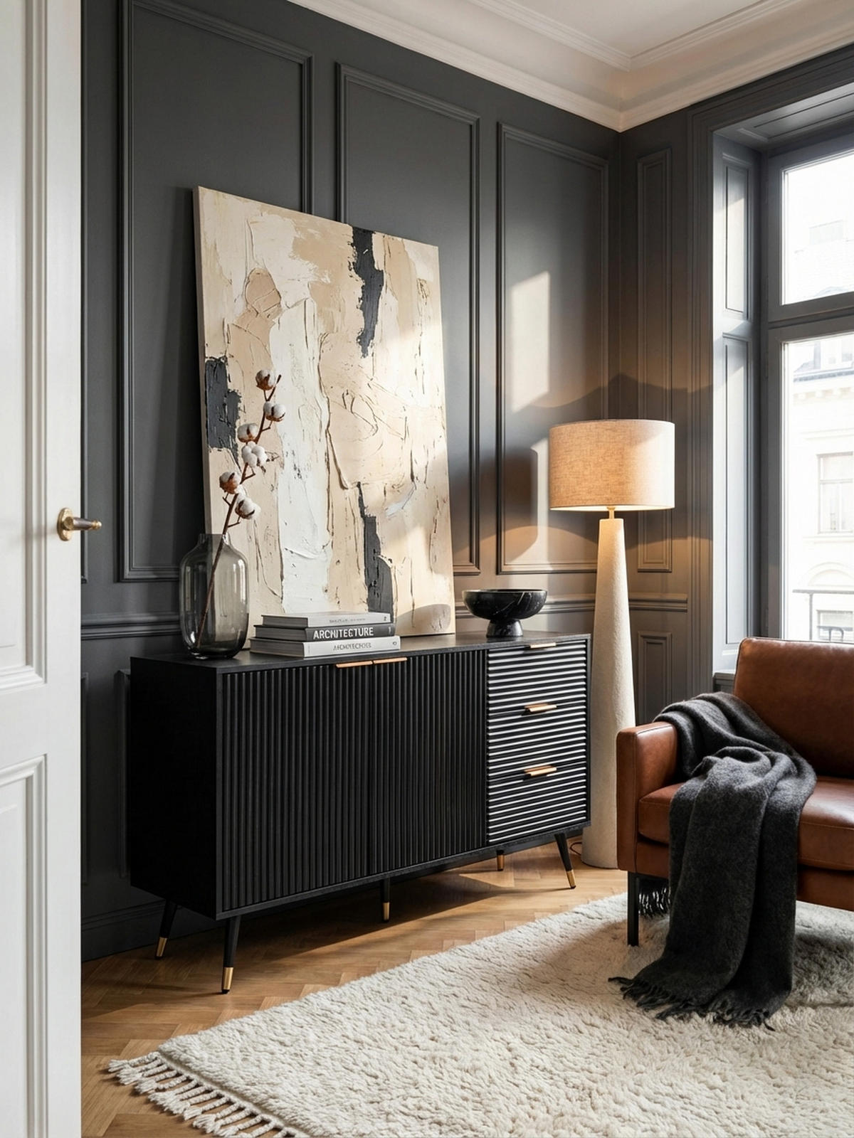SIDEBOARD – Schwarz/Eiche-Dekor, 120x80x40 cm, mit Türen und Schubladen, Metallbeine - Goldfarben/Schwarz, Holzwerkstoff/Metall (120/80/40cm) - KADIMA DESIGN