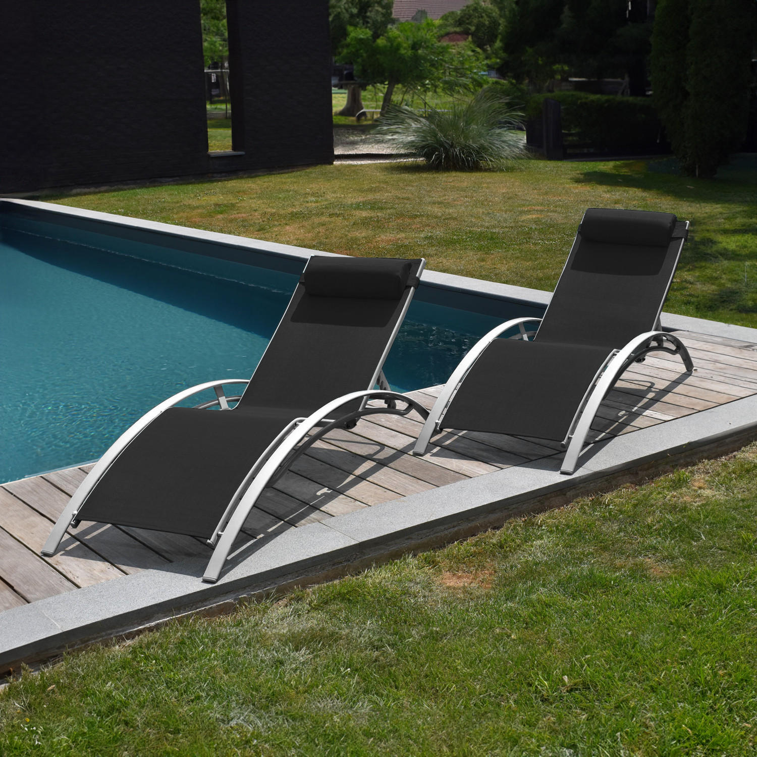 LIEGESTÜHLE Galapagos Schwarz und Grau 2er-Set - Schwarz, Metall (64/87/178cm) - Happy Garden