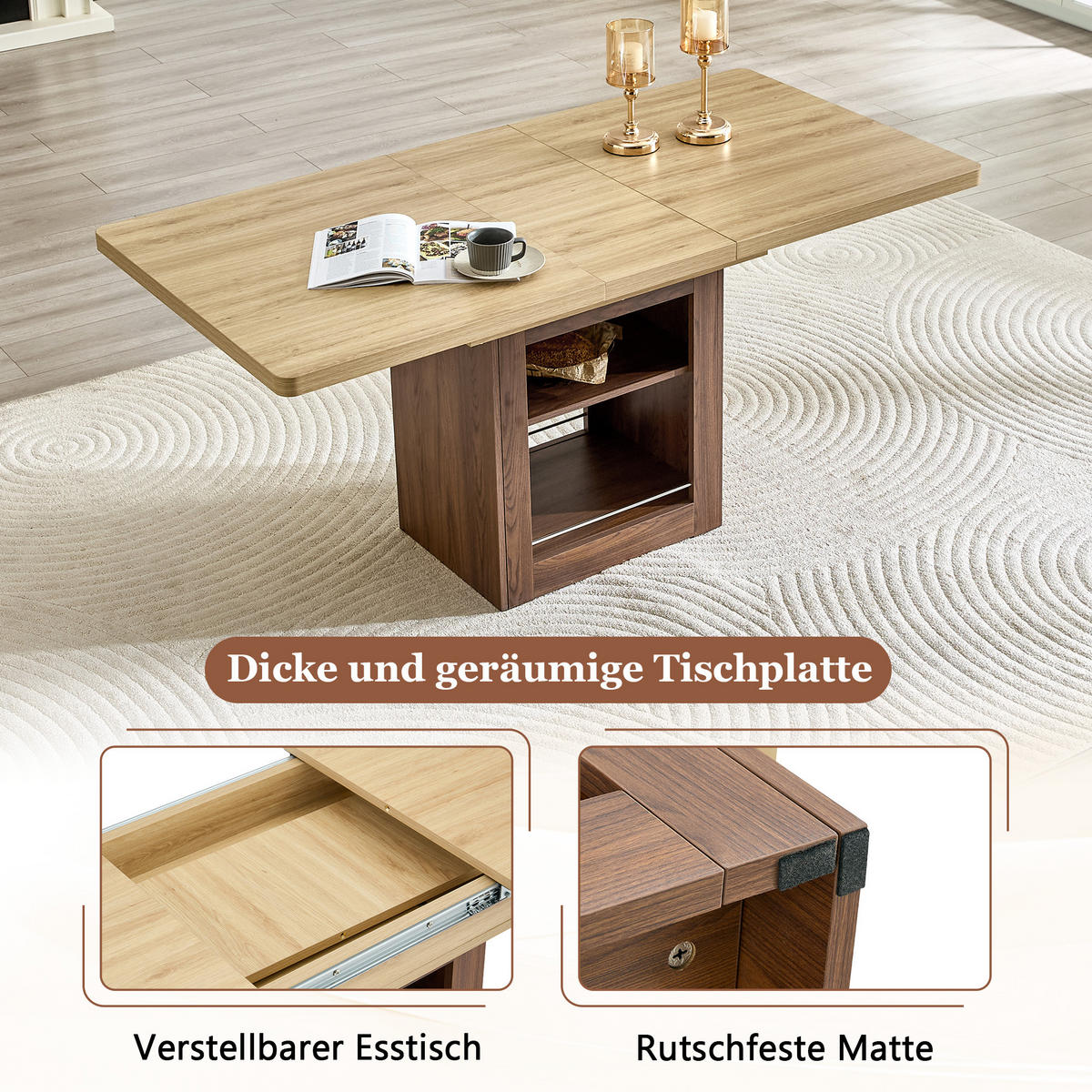 ESSTISCH ausziehbarer Naturholz + Walnuss mit Stauraum und integrierten Fächern 130-160/80/75.5 cm - Naturfarben, Holz (80/160/75.5cm) - Oxeza