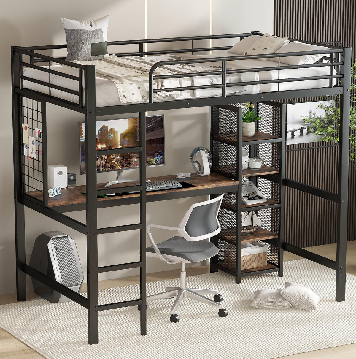 HOCHBETT 90/200 cm in Schwarz und Dunkelholz mit Schreibtisch und Regalfächern - Schwarz, Holzwerkstoff (90/200cm) - Flora Grace