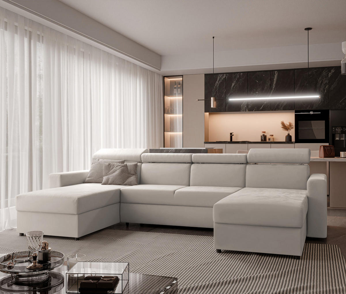 WOHNLANDSCHAFT BENI U II mit verstellbaren Kopfstützen und Schlaffunktion, Farbe Creme - Creme/Schwarz, Kunststoff/Textil (302/60/166cm) - Idohome