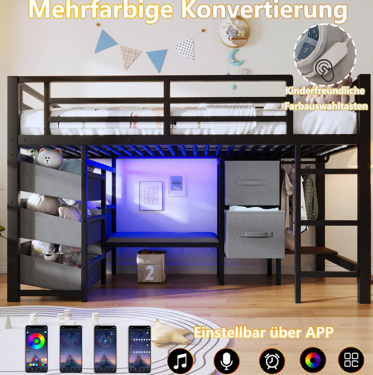 HOCHBETT 90/200 cm Schwarz aus Metall mit LED-Beleuchtung - Schwarz, Metall (90/200cm) - OKMYHOME