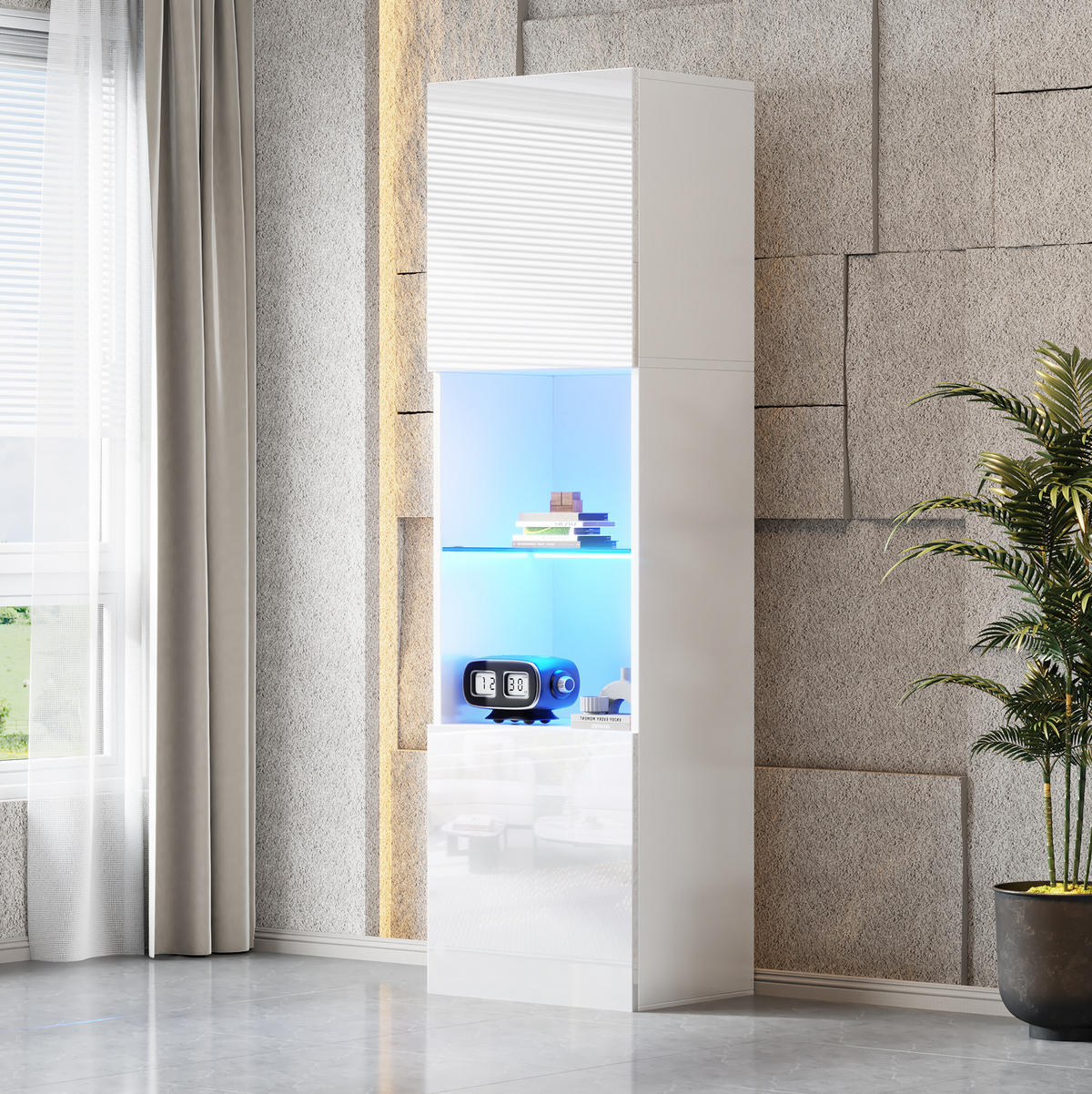 VITRINE 45/35/160 cm in Weiß Hochglanz mit LED-Beleuchtung - Weiß, Holzwerkstoff (45/160/35cm) - Flora Grace