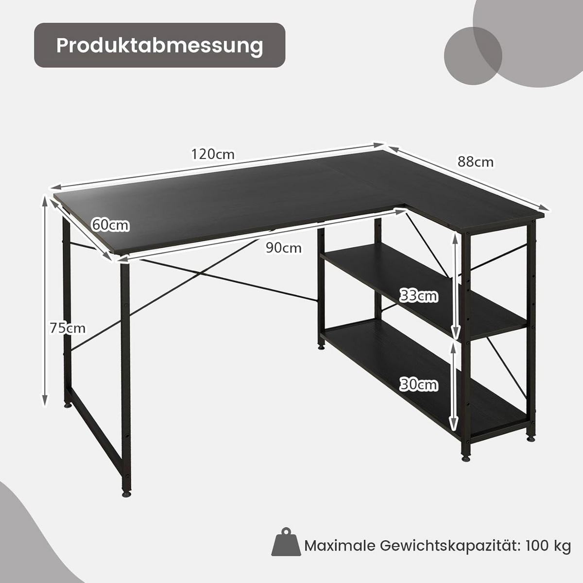 ECKSCHREIBTISCH 75cm Schwarz - Schwarz, Holz (120/88/75cm) - COSTWAY