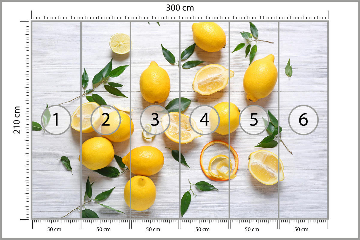 FOTOTAPETE für Küche Zitronen Holztisch Blätter Frisch Rustikal 300x210 - Gelb/Weiß, Papier (300/210cm) - Muralo