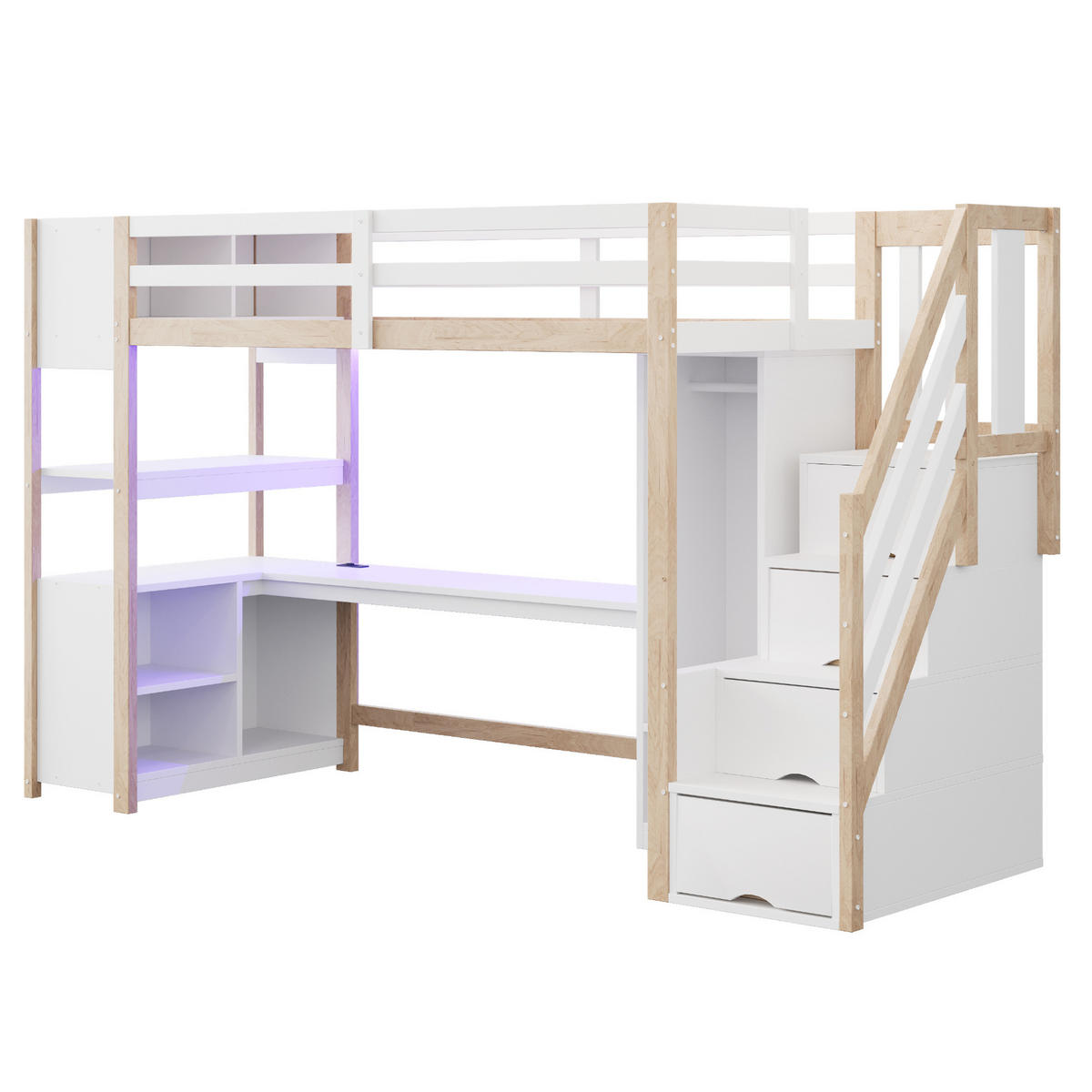 VISOKA postelja 90/200 cm bela in naravna z omaro, pisalno mizo in LED-osvetlitvijo iz masivnega lesa in MDF - bela, leseni material (90/200cm) - OKWISH