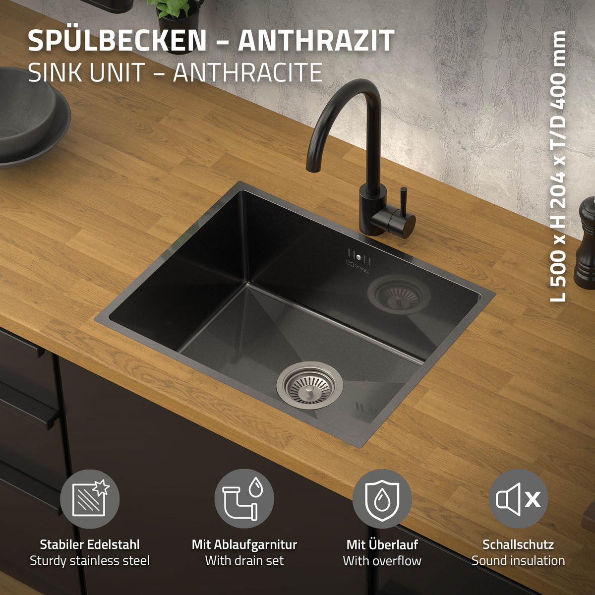 SPÜLBECKEN Edelstahl 50/40cm Anthrazit - Anthrazit, Metall (40/20.4/50cm) - ML-DESIGN