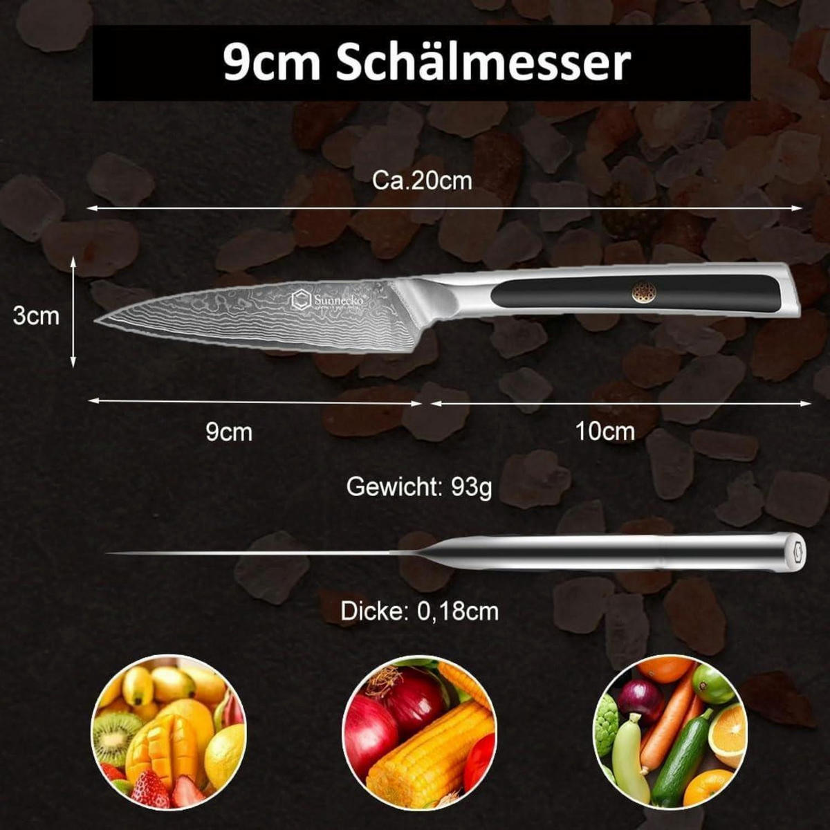 SCHÄLMESSER Damaststahl 9 cm - Schwarz, Metall (20.3cm)