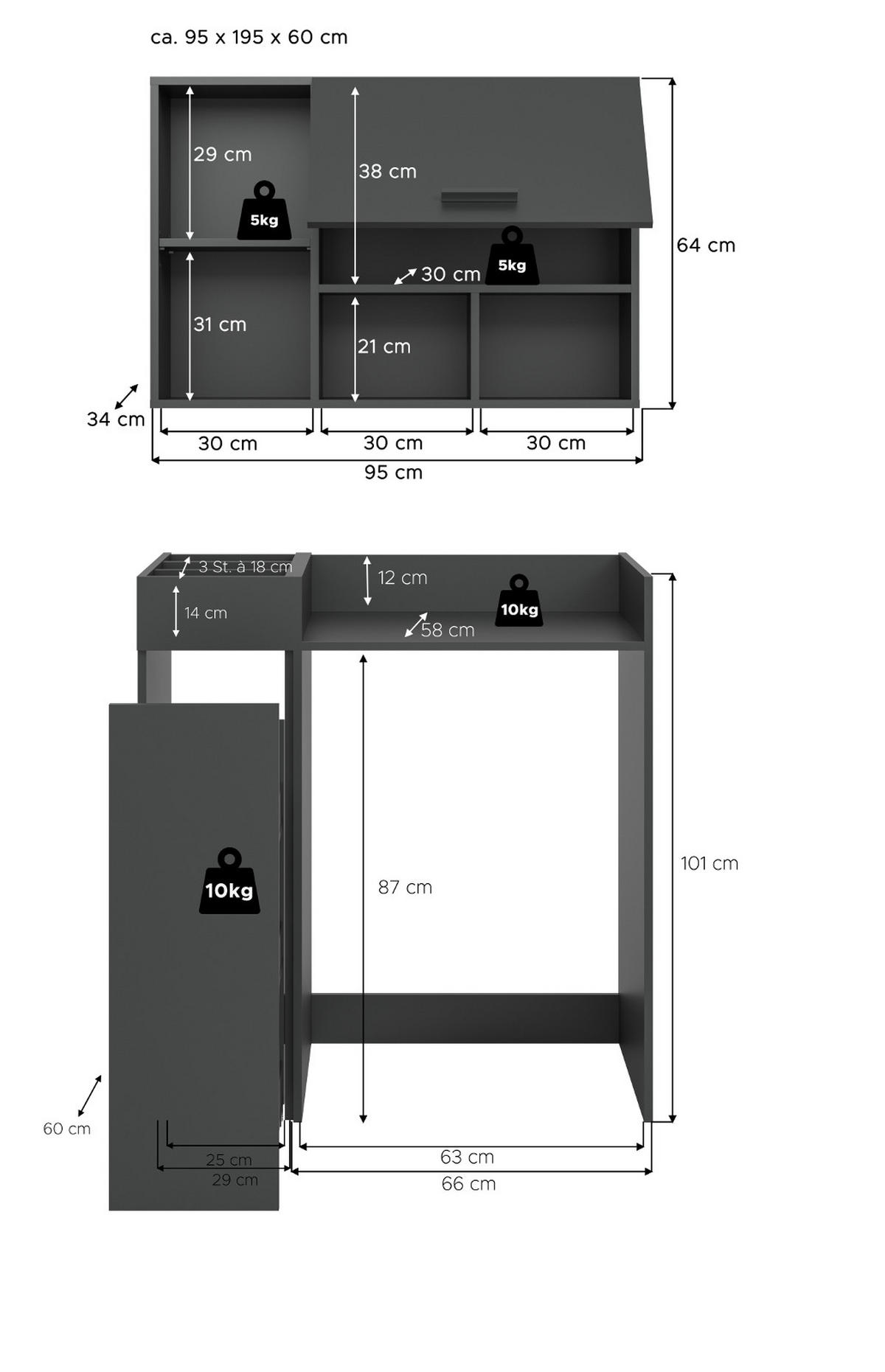 WASCHMASCHINENSCHRANK grau Set 3-teilig 95 x 195 cm, Waschmaschinenumbau mit Stauraum - Schwarz/Grau, Holzwerkstoff/Kunststoff (95/195/60cm) - Inn.Furn