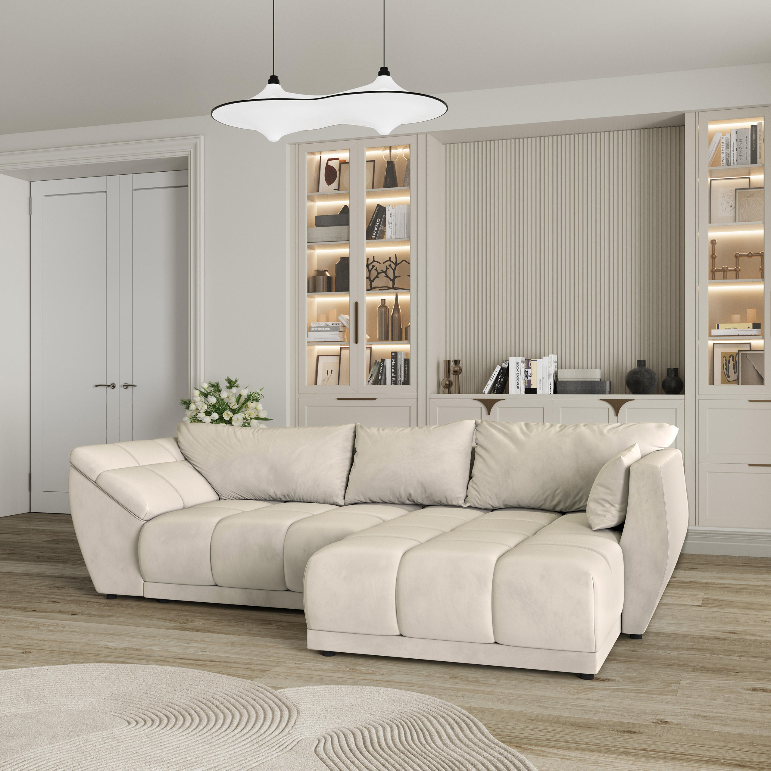 ECKSOFA ORENTI R-S Creme Velours-Stoff mit Schlaffunktion - Creme, Holz (287/182cm) - MASSENO