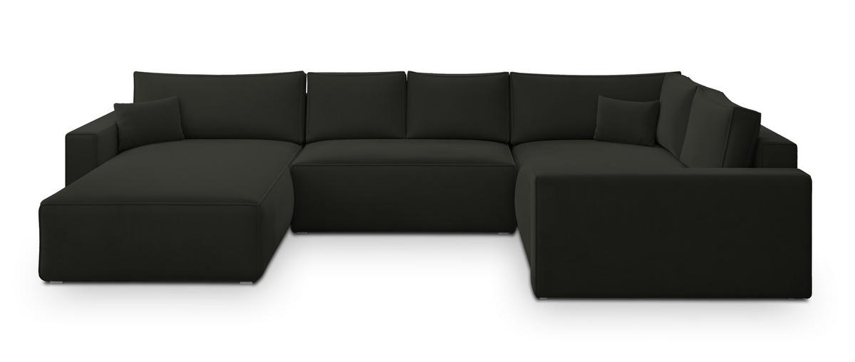 WOHNLANDSCHAFT VELAMI R-S Schwarz Velours-Stoff mit Schlaffunktion - Schwarz, Holz (365/83/194cm) - MASSENO